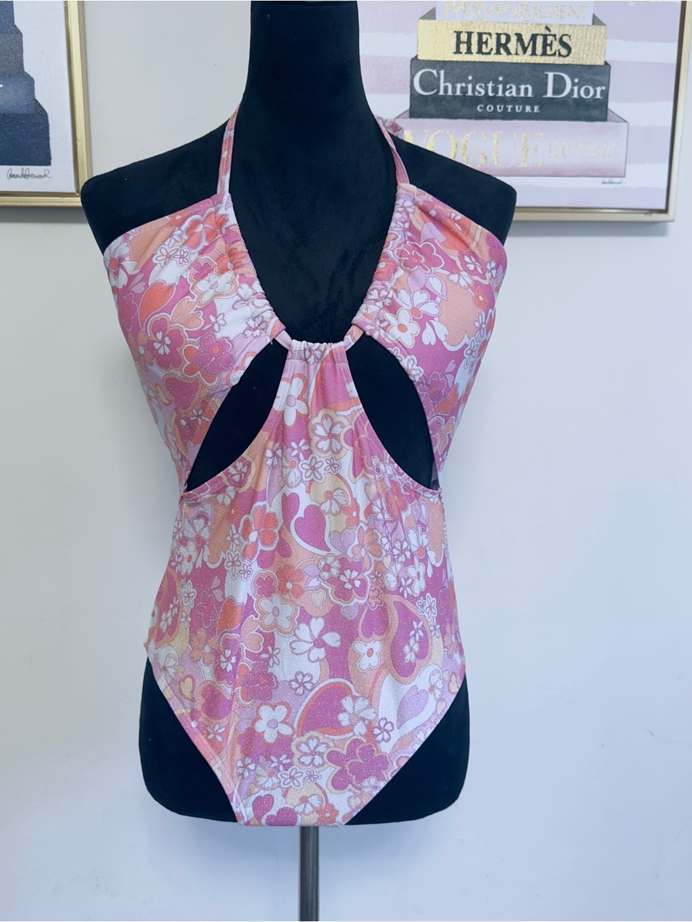 & Other Stories Pink Floral Halter Cutout One-Piece Swimsuit
